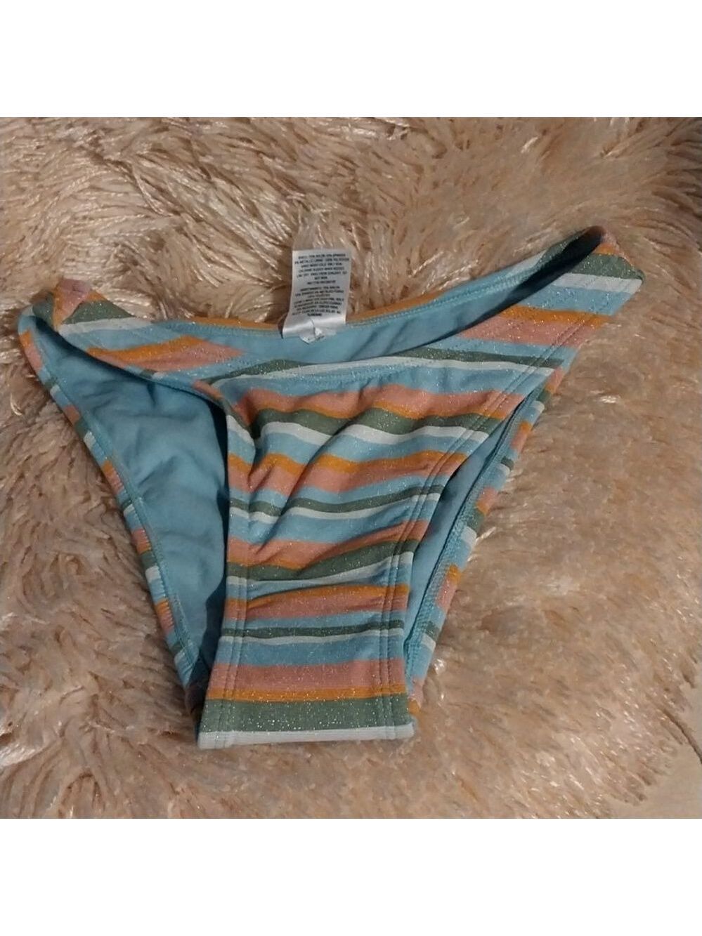 NWT Wild Women's High Leg Cheeky Bikini Bottom - Multi Lurex Striped Size XXS